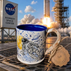 May include: Ceramic mug with a blue interior and a white exterior featuring a black and blue astronaut design. The mug has a rustic handle and a tag that reads "Lakeshore Pottery, Handmade in North Carolina, LLP". The background shows a rocket launch.