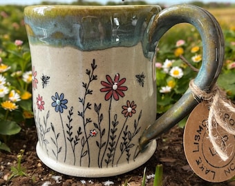 Boho Floral Handmade Pottery Mugs Wheel Thrown. Now with bees!