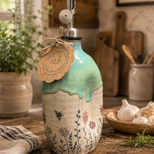 May include: A ceramic oil dispenser with a turquoise drip glaze top and a speckled cream base featuring hand-painted black stems, pink and yellow flowers, and a small bee. A brown paper tag reads Lake Lismore Pottery LLP Handmade in North Carolina.