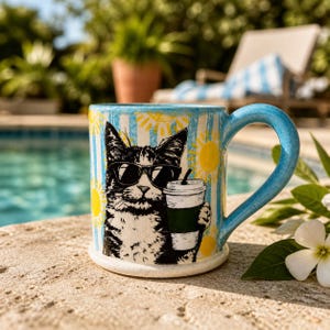 May include: A ceramic mug with a blue handle and a design featuring a cat wearing sunglasses and holding a coffee cup. The mug has a blue and white striped background with yellow suns.