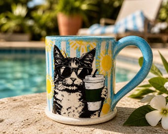 Sunshine Cat with Take Out Coffee Handmade Pottery Mug