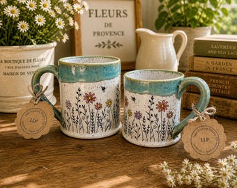 Boho Floral Handmade Pottery Mugs Wheel Thrown. White speckled clay. Bees!