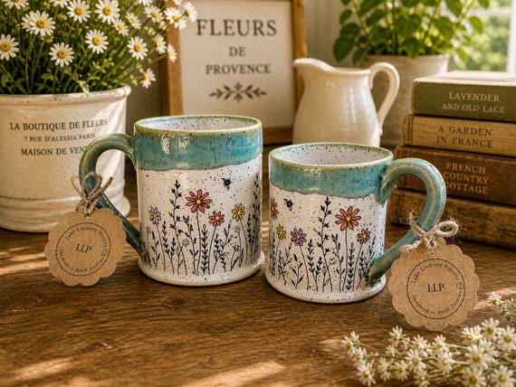 Boho Floral Handmade Pottery Mugs Wheel Thrown. White speckled clay. Bees!