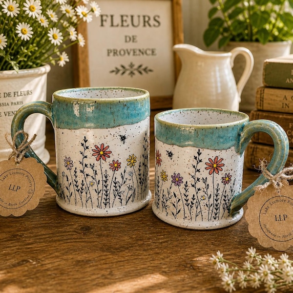 Kubki ceramiczne w stylu boho, ręcznie robione, toczone na kole garncarskim. Glina w kropki. Pszczoły!