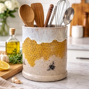 May include: A cylindrical ceramic utensil holder with a speckled cream base, a textured yellow honeycomb pattern, and a white drip-style glaze at the top. The exterior features small black bee illustrations. It contains wooden spoons, a whisk, and a metal spoon.