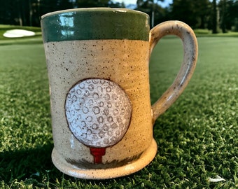 Golf Mug with Golf Ball Pottery Handmade. Ready to ship!