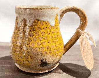 Honey Bee Drippy “Bellied”  Honeycomb Handmade Pottery Mug