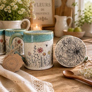 May include: A ceramic mug with a light blue rim and handle, decorated with a hand-painted floral design in pink, yellow, and red. A matching coaster with a black and white floral pattern is also visible.