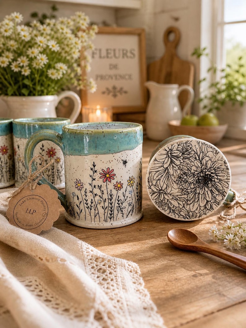 May include: A ceramic mug with a light blue rim and handle, decorated with a hand-painted floral design in pink, yellow, and red. A matching coaster with a black and white floral pattern is also visible.