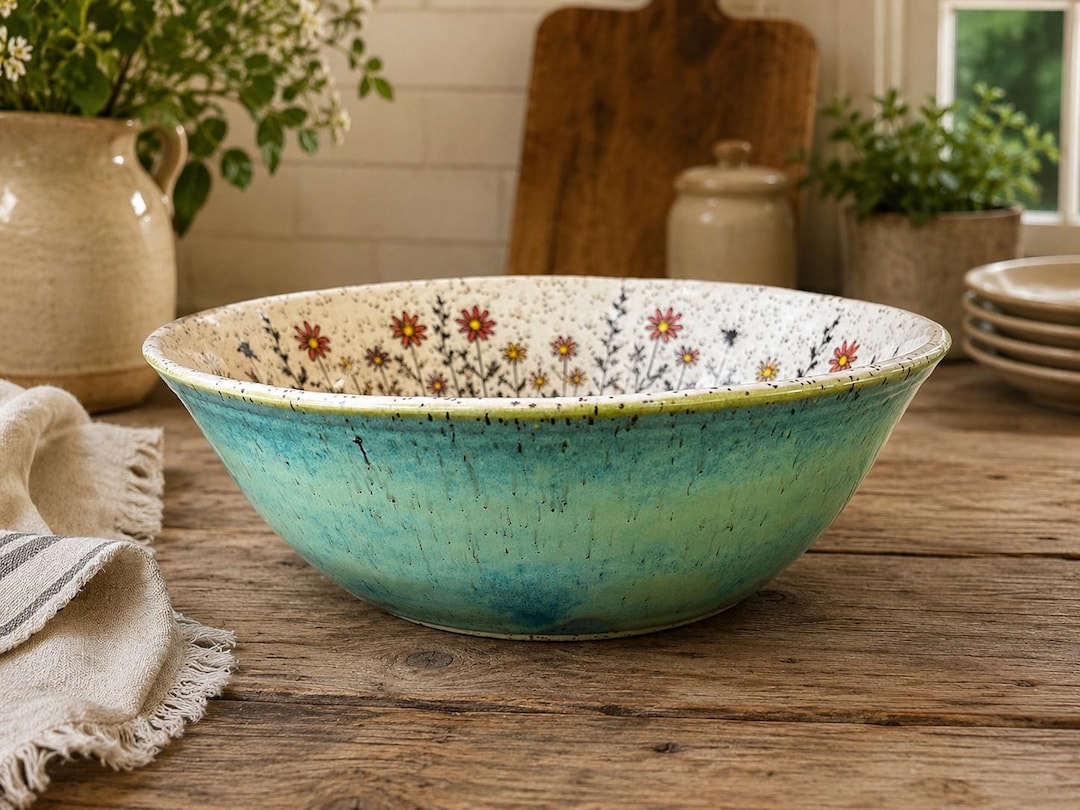 Boho Floral Wheel Thrown Handcrafted Pottery Bowl. White Speckled Clay ...