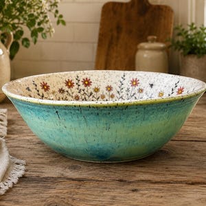 Puede incluir: Un cuenco de cerámica con un exterior moteado en tonos turquesa y verde. El interior presenta una base de color crema con un patrón pintado a mano de pequeñas flores silvestres rojas y amarillas y tallos verde oscuro, con textura moteada.