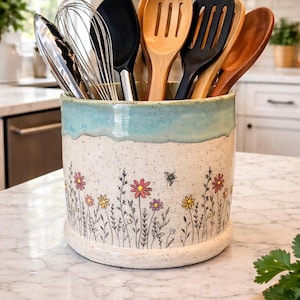 Pojemnik na przybory kuchenne BoHo Floral Meadow, ręcznie wykonany, ceramiczny schładzacz do wina, średni lub duży