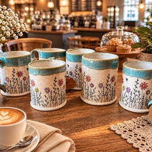May include: Handmade ceramic mugs with a floral design. The mugs have a white base with colorful flowers and a turquoise rim and handle. The mugs are on a wooden table with a cup of coffee.