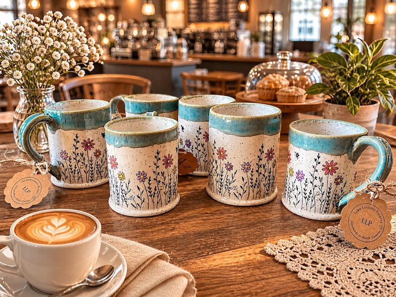May include: Handmade ceramic mugs with a floral design. The mugs have a white base with colorful flowers and a turquoise rim and handle. The mugs are on a wooden table with a cup of coffee.