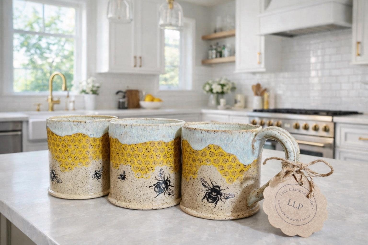 Honey Bee Drippy Honeycomb Handmade Pottery Mug Authentic Lake