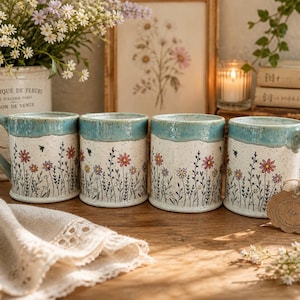 May include: Four ceramic mugs with a white speckled base, decorated with colorful floral designs and a turquoise rim and handle. Each mug has a tag attached. The mugs are arranged on a wooden surface.