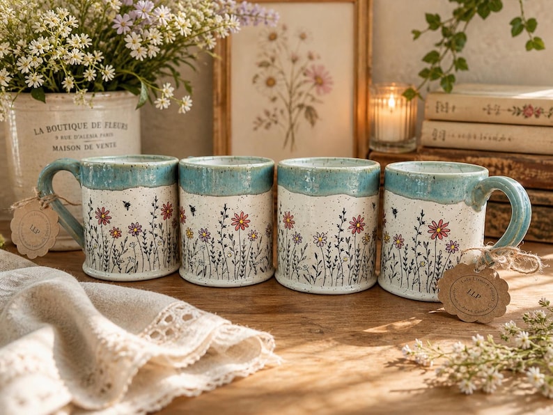 May include: Four ceramic mugs with a white speckled base, decorated with colorful floral designs and a turquoise rim and handle. Each mug has a tag attached. The mugs are arranged on a wooden surface.