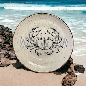 Classic Crab in  Waves Graphic Wheel Thrown Pottery Dinner Plate ~10”