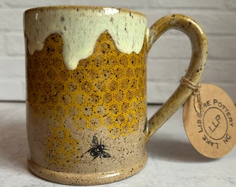 Honey Bee Drippy Honeycomb Handmade Pottery Mug