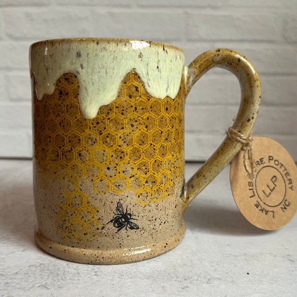 Honey Bee Drippy Honeycomb Handmade Pottery Mug Authentic Lake Lismore Pottery