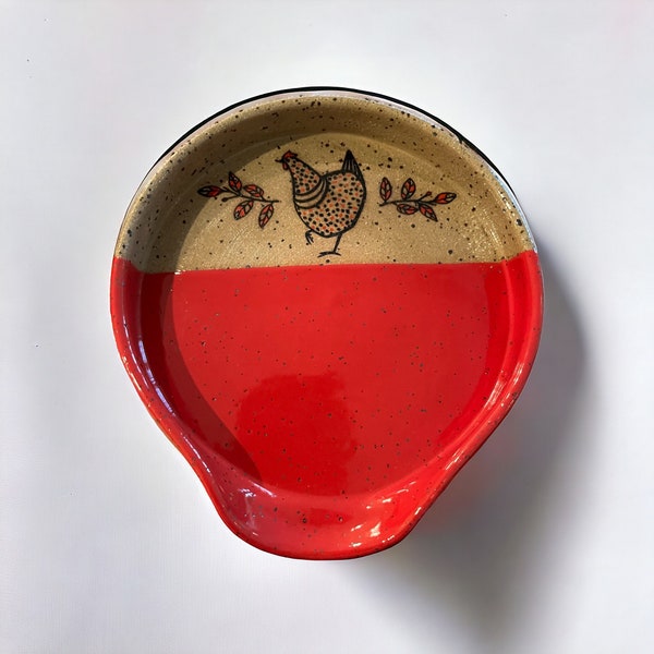 Spoon Rest with Happy Chicka Pottery Handmade