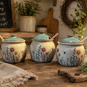 Op de afbeelding: Drie keramische potten met een gespikkelde crèmekleurige behuizing en een blauwgroen deksel, voorzien van handgeschilderde bloemmotieven met rode en gele bloemen en zwarte stelen. Elke pot bevat een houten honingdipper in een inkeping aan de rand.