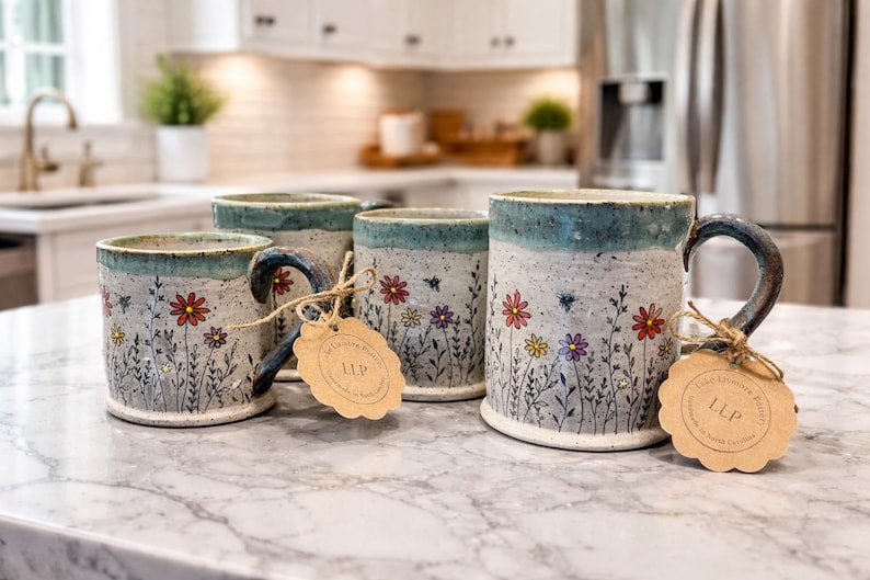 May include: Four ceramic mugs with a speckled grey finish, decorated with colourful floral designs and a blue rim. Each mug has a dark blue handle and a tag tied with twine. The mugs are displayed on a marble countertop.
