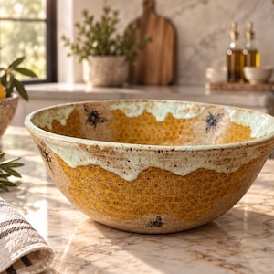 May include: A round ceramic bowl featuring a textured yellow honeycomb pattern on the exterior and interior. The rim is finished with a light green drip glaze, and the surface is decorated with small black bee illustrations.