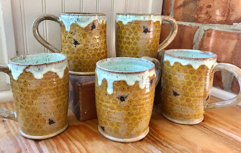 Honey Bee Drippy Honeycomb Handmade Pottery Mug image 2