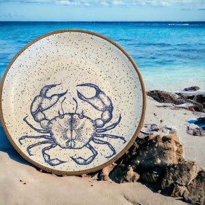 Cobalt Crab Graphic Wheel Thrown Pottery Luncheon Plate  ~9”