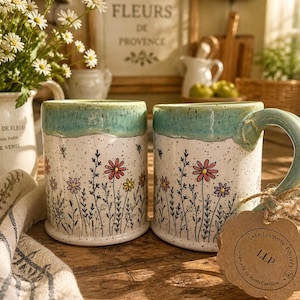 May include: Two ceramic mugs with a floral design. The mugs have a white base with a hand-painted wildflower pattern and a turquoise rim and handle. A tag with the text "Lake Lismore Pottery" is attached to one of the mugs.