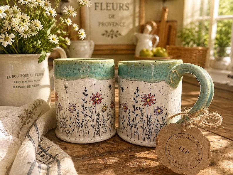 May include: Two ceramic mugs with a floral design. The mugs have a white base with a hand-painted wildflower pattern and a turquoise rim and handle. A tag with the text "Lake Lismore Pottery" is attached to one of the mugs.