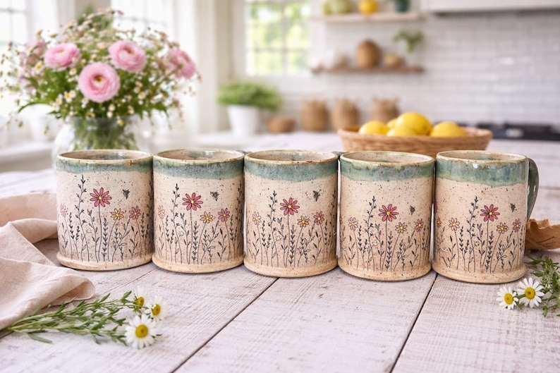 May include: Five ceramic mugs with a floral design. The mugs are cylindrical with a light beige base, a teal rim, and a handle on one. The floral design includes pink and yellow flowers, green stems, and small bees. The mugs are on a white wooden surface.