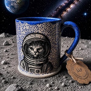以下が含まれることがあります： 青い縁と持ち手が付いた陶器製のマグカップで、宇宙飛行士のヘルメットを被った猫の白黒イラストが描かれています。マグカップには斑点模様があり、持ち手にはLLPと書かれた茶色のスカラップ型の紙タグが結び付けられています。