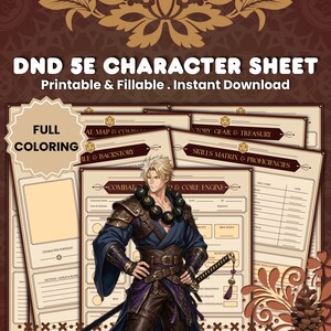 May include: A DND 5E character sheet set featuring printable and fillable pages with a brown color scheme. The sheets include sections for combat, skills, and inventory, overlaid with an illustration of a blonde warrior in dark blue armor.