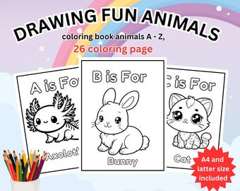 26 Seiten ABC Süßtier Malbuch, Alphabet Malbuch mit Tiermotiven Babyparty Spiele oder Aktivitäten, Alphabet Malseiten, printable PDF