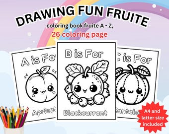 26 Seiten ABC, niedliches Obst Malbuch, Obst-Themen-Alphabet-Buch-Babyparty-Spiele oder Aktivitäten, Alphabet-Malseite, printable PDF