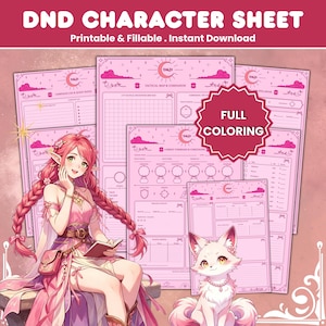 May include: A DND character sheet set in shades of pink featuring a pink-haired elf character and a small fox creature. The sheets include sections for tactical maps, combat commands, and spellbooks with text reading DND CHARACTER SHEET and FULL COLOURING.