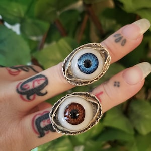 Oogbolring. Verstelbaar. Helderblauw, grijsblauw, bruin, groen, blauw tot geel. Bronzen en zilveren ring beschikbaar.