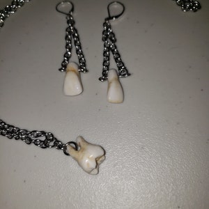 Human teeth earrings and necklace set.  Faux. Real option available custom.