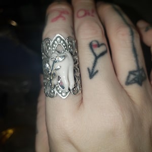 Art nouveau wide cathedral band made of silver coated brass. adjustable. Faux carved tooth. Solder leafy branch accent.
