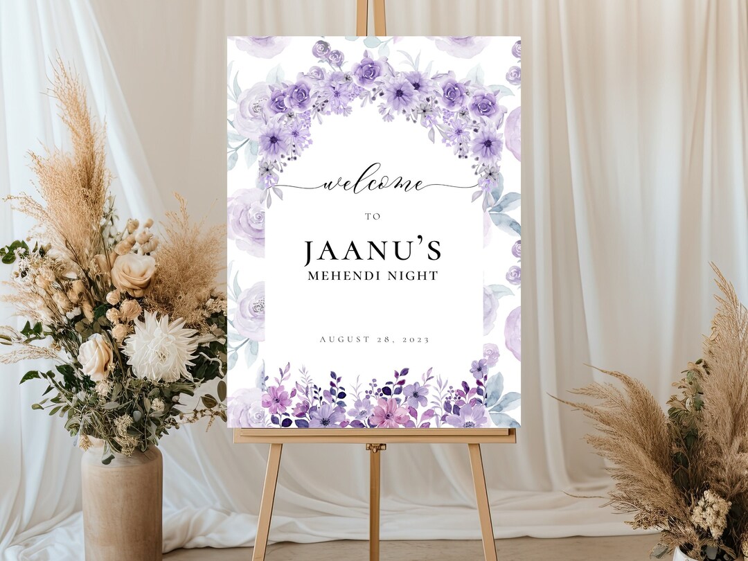 Custom Purple Flower Mehndi/haldi/sangeet/jaggo Ceremony Welcome Sign, Editable Canva Floral Digital File, Personalized Wedding Decoration - Etsy Japan