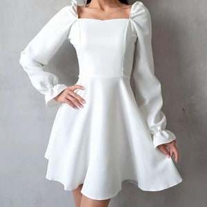 Elegant White Long-Sleeve Dress | Minimalist A-Line Silhouette | White Wedding Dress