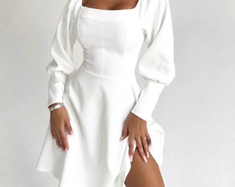 White Cotton Poplin Ruched Dress With Elastic Waist and Flare Sleeves -  Pleated Poplin MIDI Dress With Square Neckline and Bishop Sleeves - Etsy