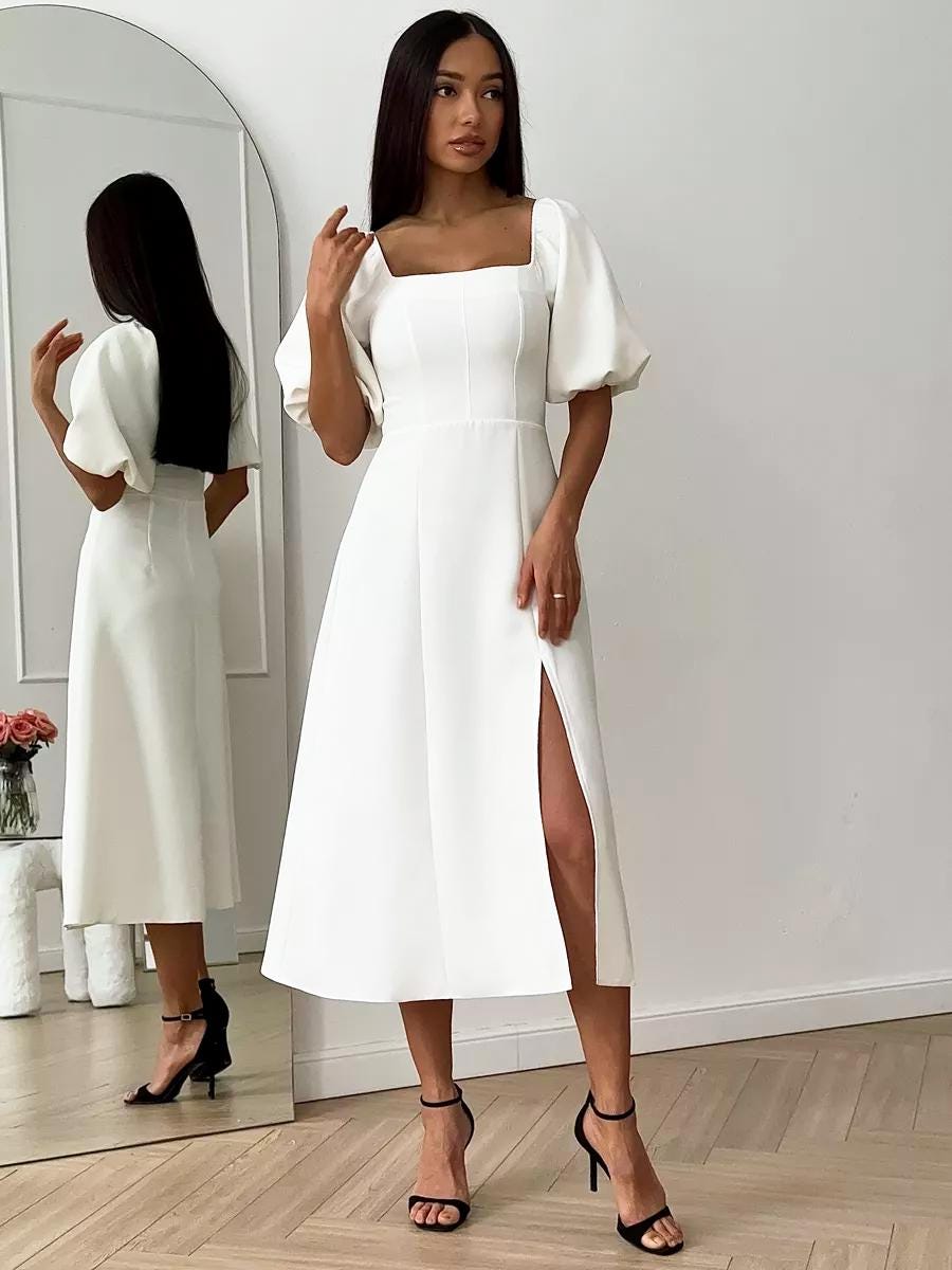 【OHGA】SQUARE PUFF ホワイト White Short Puff Sleeve Square Neck Shirring Maxi Dress - Petallush