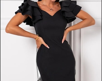 Elegancka czarna sukienka koktajlowa z falbaniastymi rękawami | Sukienka typu bodycon z dekoltem w kształcie serca dla kobiet | Strój na specjalną okazję