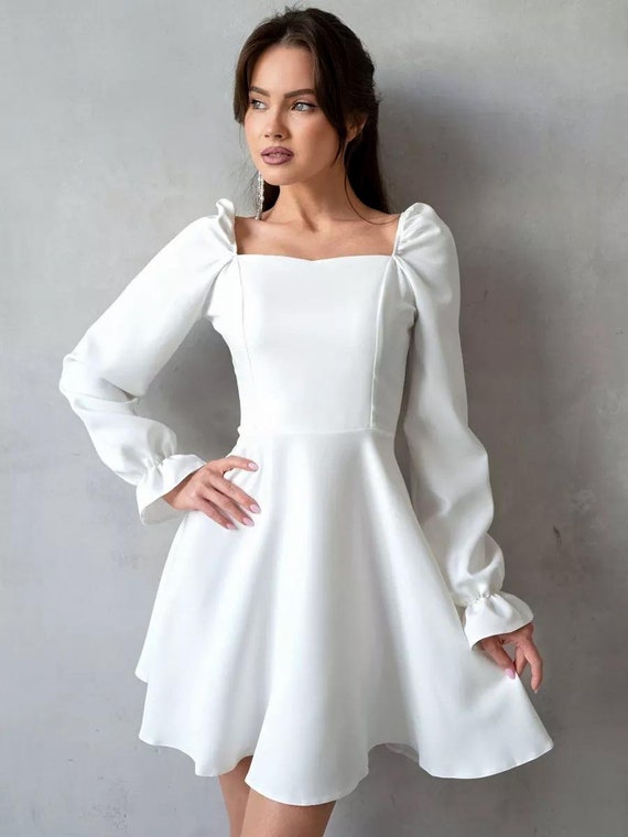 Elegant White Long-Sleeve Dress | Minimalist A-Line Silhouette | White Wedding Dress