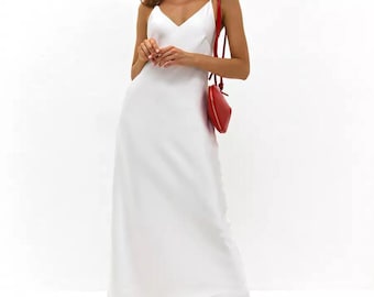 Nuisette blanche - Robe longue sans manches | Robe débardeur | Robe caraco | Bretelles ouvertes dans le dos | Bas du dos | Robe de nuit en soie