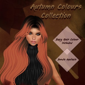Puede incluir: Una ilustración digital de una mujer con cabello largo, ondulado y castaño rojizo que lleva una camisa negra de cuello alto y pantalones negros con un detalle de encaje. El texto "Autumn Colours Collection" está en la parte superior de la imagen. Dos cajas en forma de diamante con texto están en la esquina superior derecha de la imagen. El texto en las cajas dice "Baby Hair Colour Included" y "Bundle Available".
