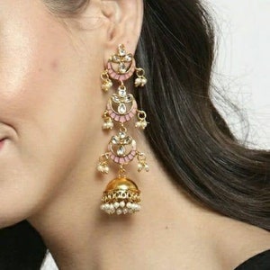 Jhumka Erarrings/ Kundan Earrings/ Kundan Jhumkas/ Indain Earrings/ Jhumkas/ Indian Jewelry/ long Indian Gold Earrings/ Pearl Jhumkas